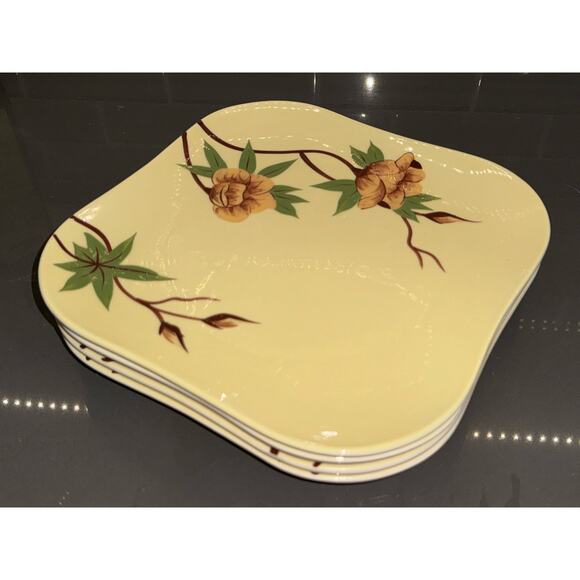 Vintage Set of 4 Weil Ware Rose Yellow Square Dinner Plate Set - Picture 7 of 7
